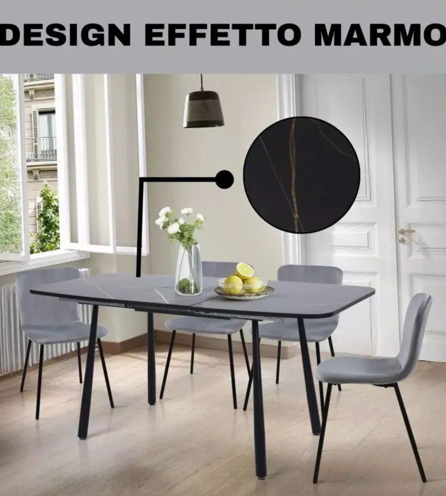 Discount Set pranzo "cabrera" tavolo estensibile nero effetto marmo e 4 sedie velluto grigio Tavoli