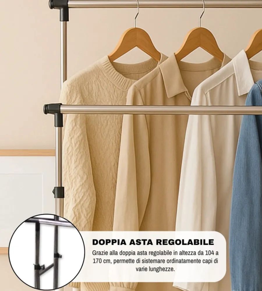 Discount Stender appendiabiti doppio estensibile con ruote in metallo bianco 45x90x104/170 cm Decorazione Ambienti