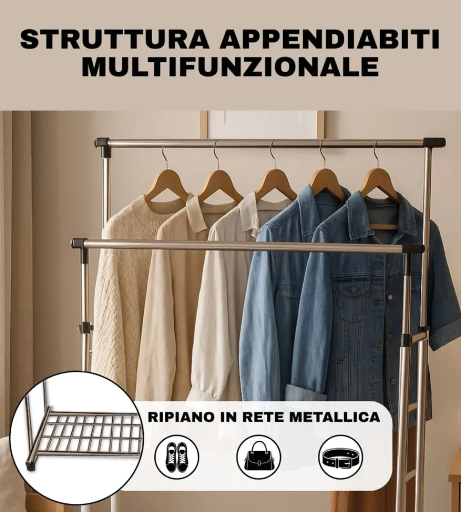Discount Stender appendiabiti doppio estensibile con ruote in metallo bianco 45x90x104/170 cm Decorazione Ambienti