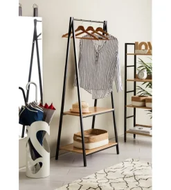 Best Stender appendiabiti in metallo nero e legno con 2 ripiani, 64x40x150 cm Mobili Da Ingresso