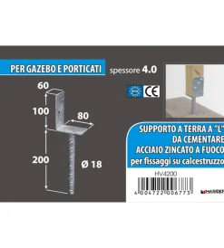 Ferramenta Per Esterno- Supporto a "l" per pali 75 x 60 x 110 x 200 mm.