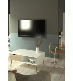 Tavolini|Tavolino da soggiorno "oslo" bianco con cassetto e gambe quercia, 98,7x60,2x43,3 cm