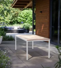 Keter Mobili Da Giardino E Accessori|Tavolo da esterno "porto 200" in metallo bianco e piano effetto legno frassino 200x95x75 cm
