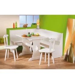 Tavoli- Tavolo panca e 2 sedie in pino massello bianco,  124/146x49x86 cm