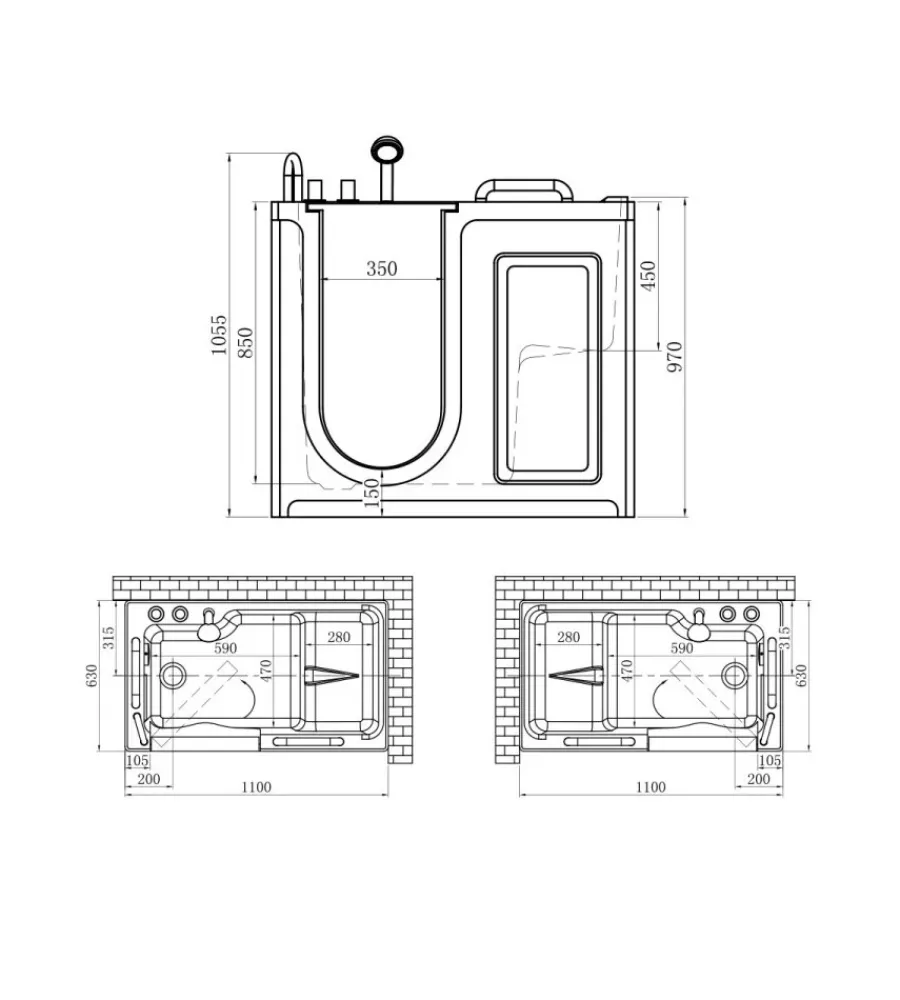 Ceramiche E Accessori- Vasca per anziani con sportello apertura a sinistra 110x63x97 cm