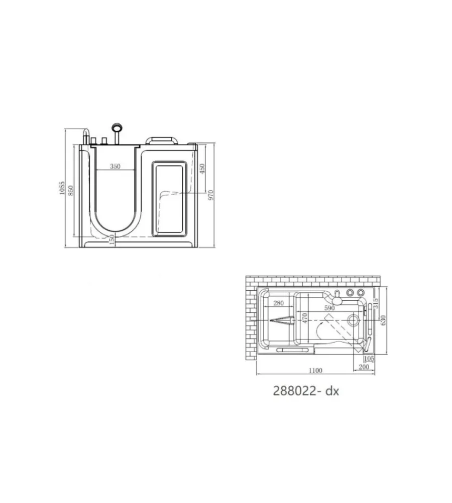 Ceramiche E Accessori- Vasca per anziani con sportello apertura a destra 110x63x97 cm